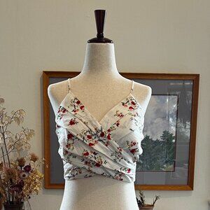 Lush White Floral Ruched Crop Top | Button Back | Size S